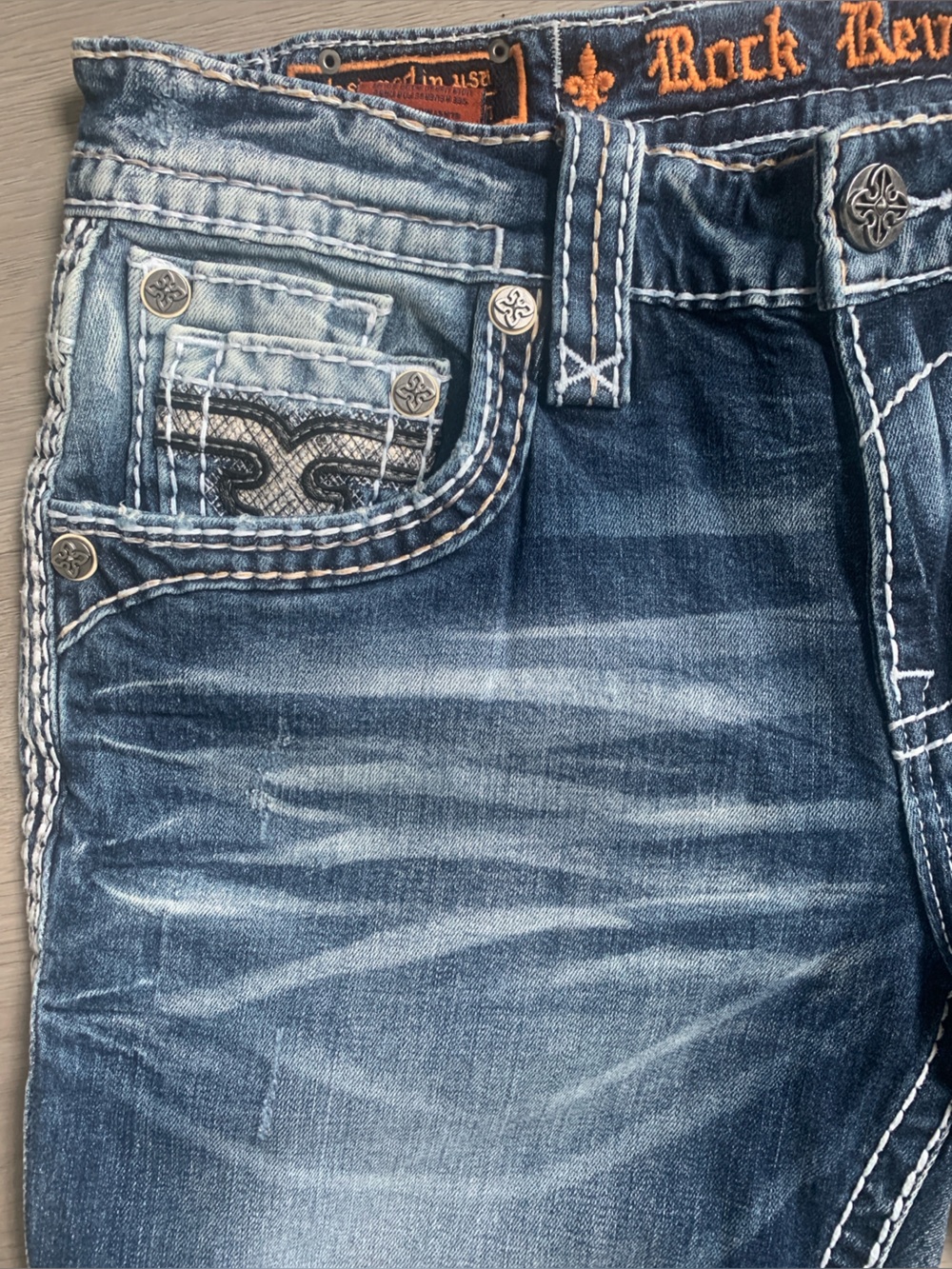 Rock Revival Toby Straight Distressed Snake Skin Printed Blue Jeans 32W/32L - Picture 6 of 13
